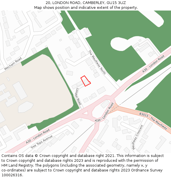 20, LONDON ROAD, CAMBERLEY, GU15 3UZ: Location map and indicative extent of plot