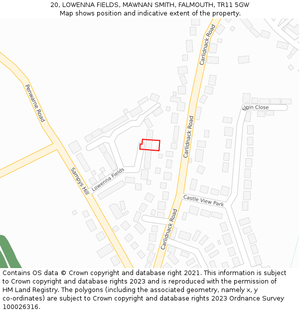 20, LOWENNA FIELDS, MAWNAN SMITH, FALMOUTH, TR11 5GW: Location map and indicative extent of plot