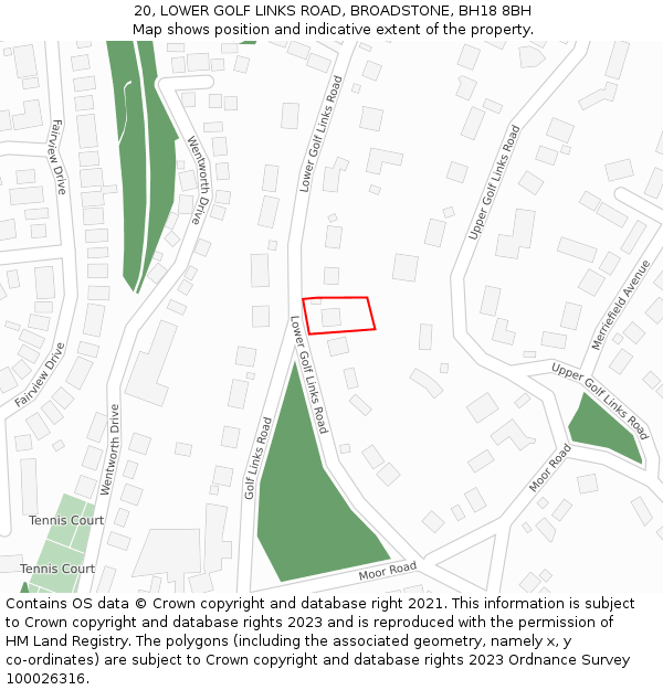 20, LOWER GOLF LINKS ROAD, BROADSTONE, BH18 8BH: Location map and indicative extent of plot