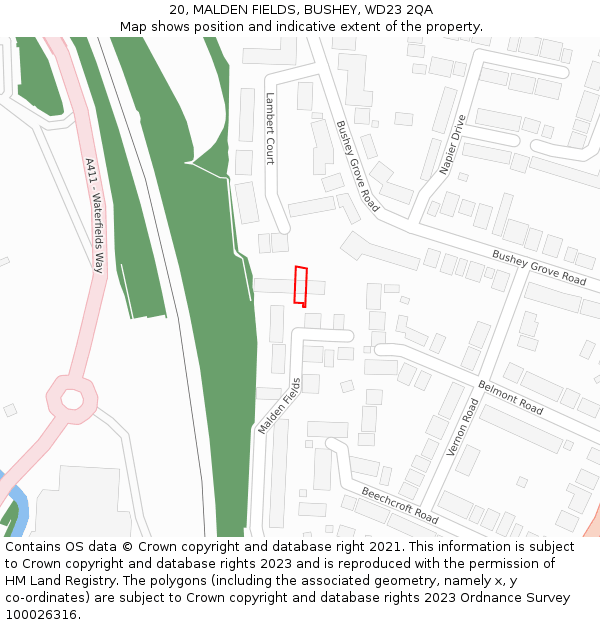 20, MALDEN FIELDS, BUSHEY, WD23 2QA: Location map and indicative extent of plot