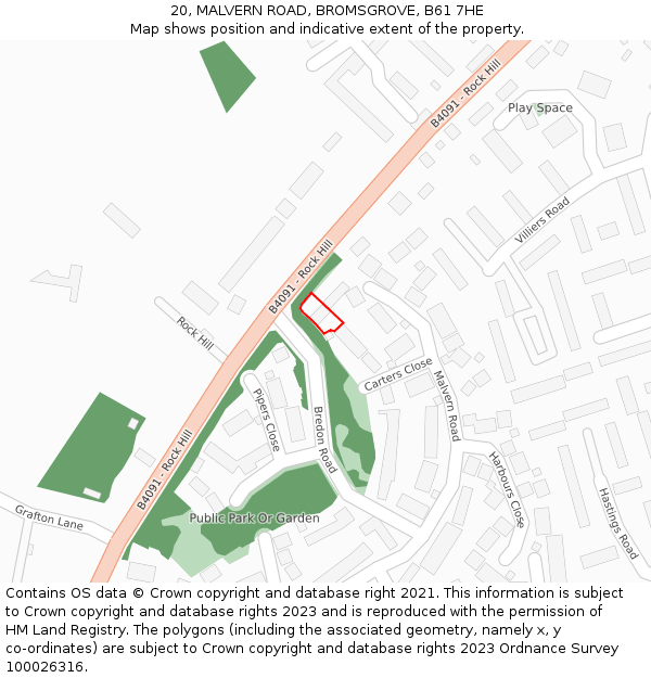 20, MALVERN ROAD, BROMSGROVE, B61 7HE: Location map and indicative extent of plot