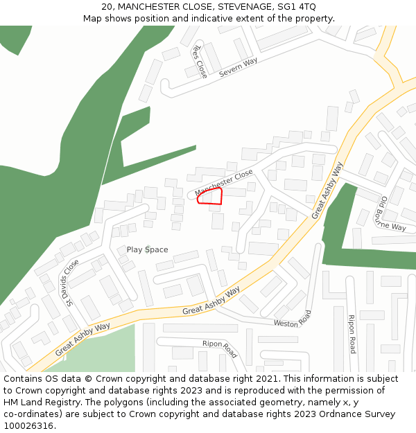 20, MANCHESTER CLOSE, STEVENAGE, SG1 4TQ: Location map and indicative extent of plot