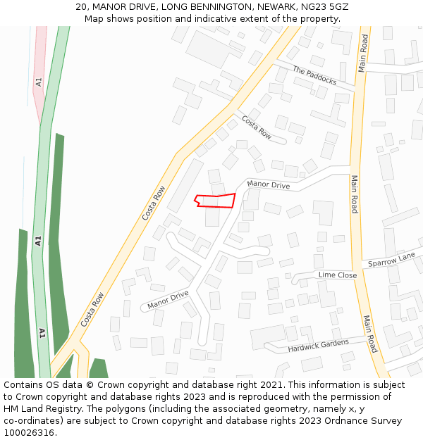 20, MANOR DRIVE, LONG BENNINGTON, NEWARK, NG23 5GZ: Location map and indicative extent of plot