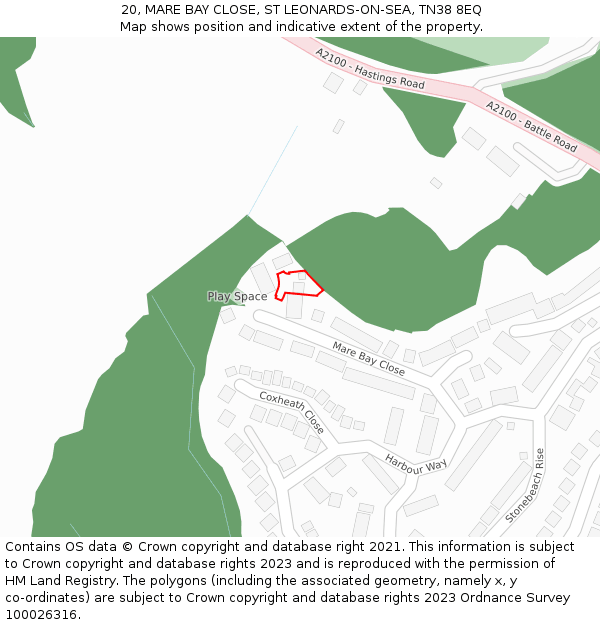 20, MARE BAY CLOSE, ST LEONARDS-ON-SEA, TN38 8EQ: Location map and indicative extent of plot