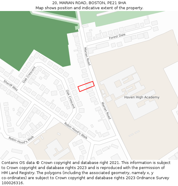 20, MARIAN ROAD, BOSTON, PE21 9HA: Location map and indicative extent of plot