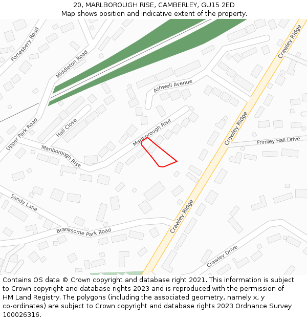 20, MARLBOROUGH RISE, CAMBERLEY, GU15 2ED: Location map and indicative extent of plot