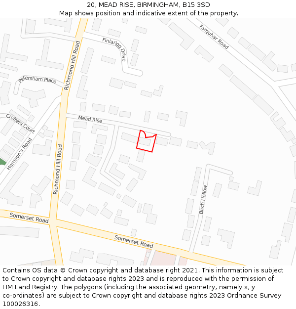 20, MEAD RISE, BIRMINGHAM, B15 3SD: Location map and indicative extent of plot