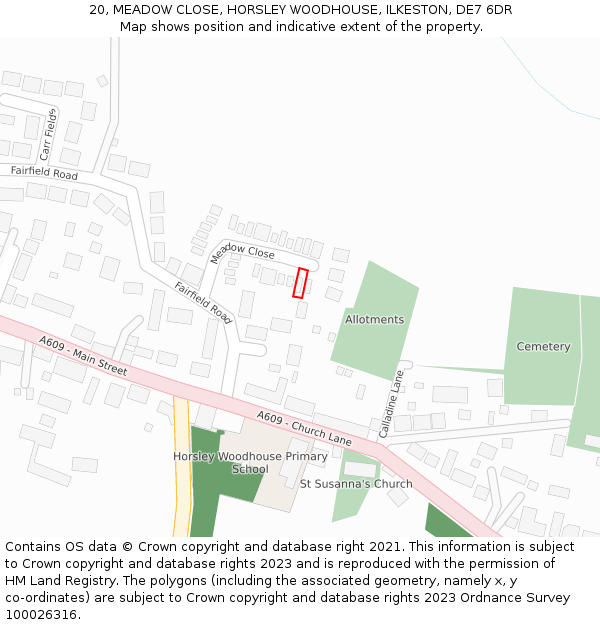 20, MEADOW CLOSE, HORSLEY WOODHOUSE, ILKESTON, DE7 6DR: Location map and indicative extent of plot