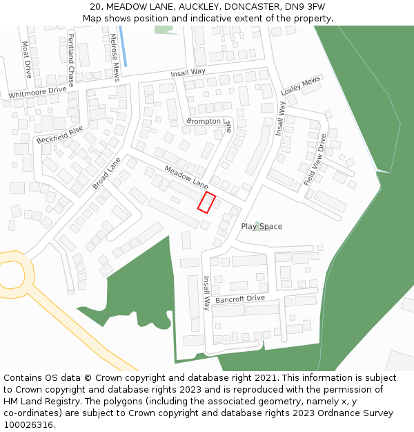 20, MEADOW LANE, AUCKLEY, DONCASTER, DN9 3FW: Location map and indicative extent of plot