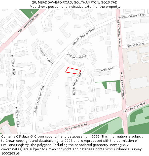 20, MEADOWHEAD ROAD, SOUTHAMPTON, SO16 7AD: Location map and indicative extent of plot