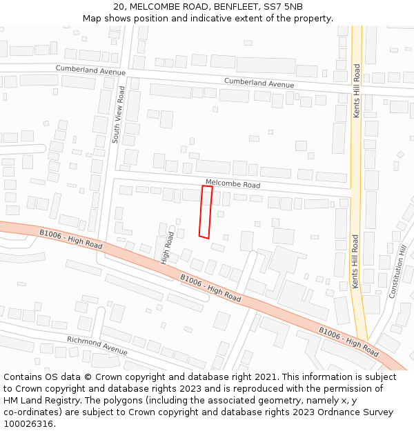 20, MELCOMBE ROAD, BENFLEET, SS7 5NB: Location map and indicative extent of plot