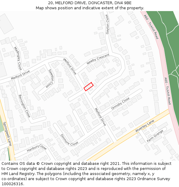 20, MELFORD DRIVE, DONCASTER, DN4 9BE: Location map and indicative extent of plot