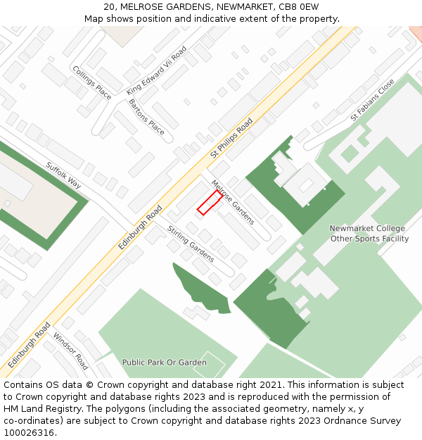 20, MELROSE GARDENS, NEWMARKET, CB8 0EW: Location map and indicative extent of plot