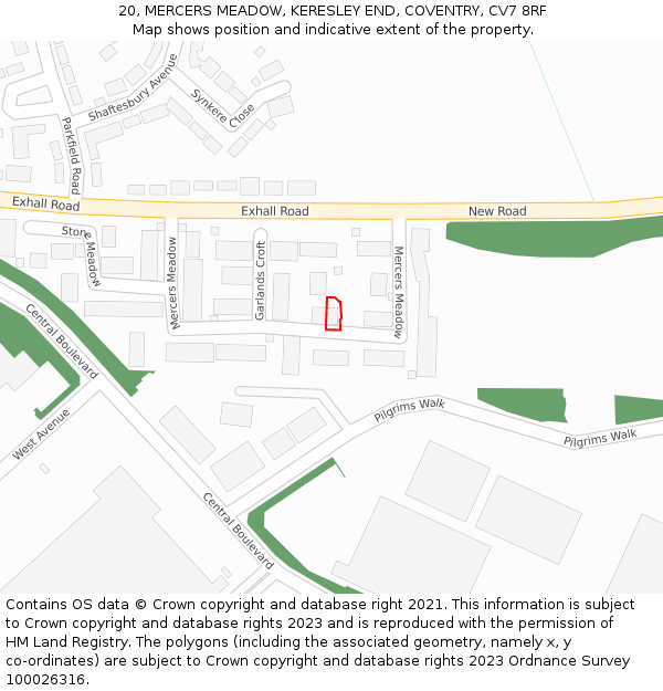 20, MERCERS MEADOW, KERESLEY END, COVENTRY, CV7 8RF: Location map and indicative extent of plot