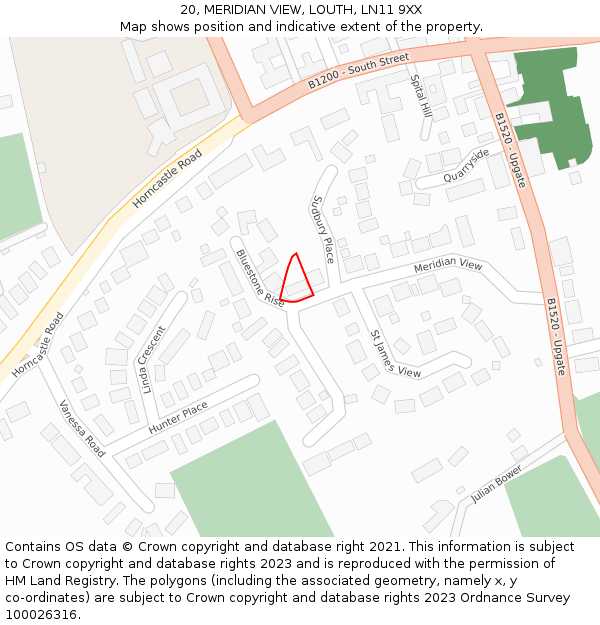 20, MERIDIAN VIEW, LOUTH, LN11 9XX: Location map and indicative extent of plot