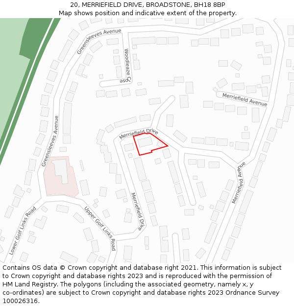20, MERRIEFIELD DRIVE, BROADSTONE, BH18 8BP: Location map and indicative extent of plot