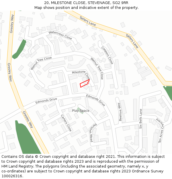 20, MILESTONE CLOSE, STEVENAGE, SG2 9RR: Location map and indicative extent of plot