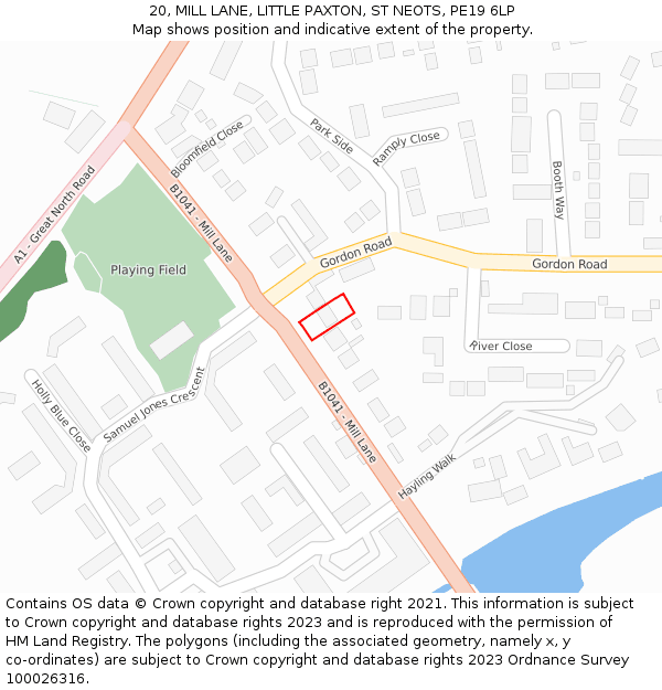 20, MILL LANE, LITTLE PAXTON, ST NEOTS, PE19 6LP: Location map and indicative extent of plot