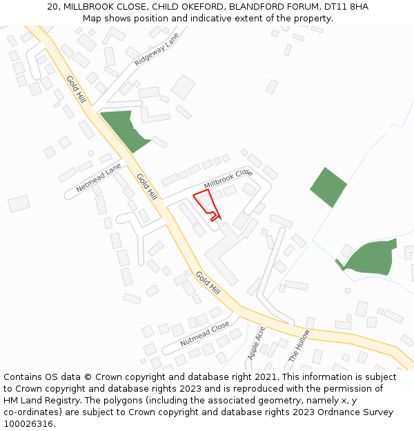 20, MILLBROOK CLOSE, CHILD OKEFORD, BLANDFORD FORUM, DT11 8HA: Location map and indicative extent of plot