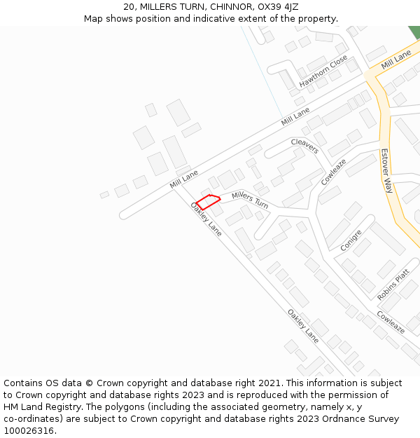 20, MILLERS TURN, CHINNOR, OX39 4JZ: Location map and indicative extent of plot