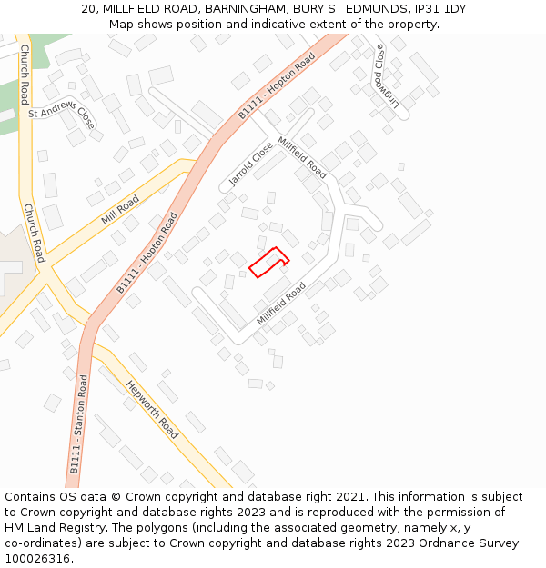 20, MILLFIELD ROAD, BARNINGHAM, BURY ST EDMUNDS, IP31 1DY: Location map and indicative extent of plot