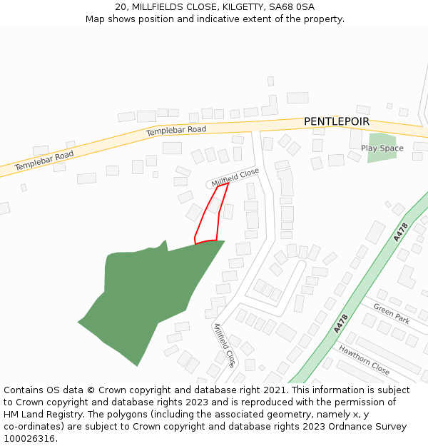 20, MILLFIELDS CLOSE, KILGETTY, SA68 0SA: Location map and indicative extent of plot