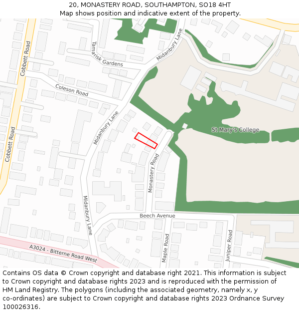 20, MONASTERY ROAD, SOUTHAMPTON, SO18 4HT: Location map and indicative extent of plot