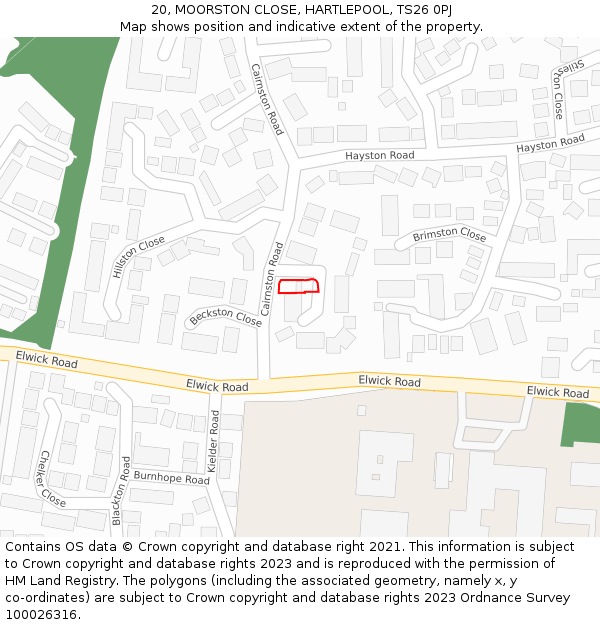 20, MOORSTON CLOSE, HARTLEPOOL, TS26 0PJ: Location map and indicative extent of plot