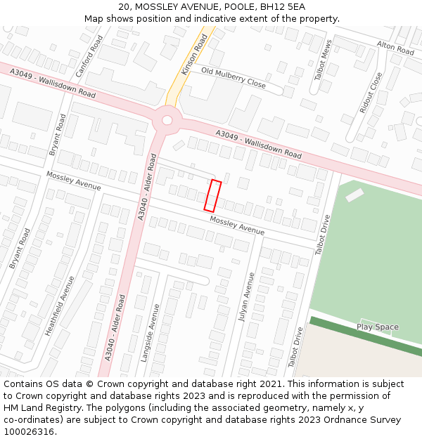 20, MOSSLEY AVENUE, POOLE, BH12 5EA: Location map and indicative extent of plot