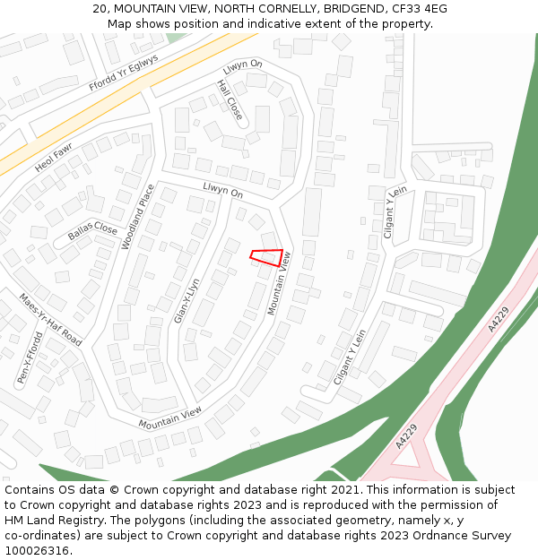 20, MOUNTAIN VIEW, NORTH CORNELLY, BRIDGEND, CF33 4EG: Location map and indicative extent of plot