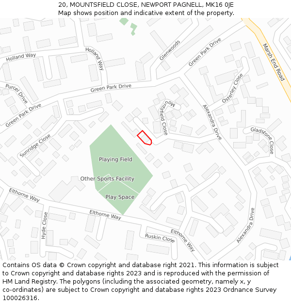 20, MOUNTSFIELD CLOSE, NEWPORT PAGNELL, MK16 0JE: Location map and indicative extent of plot