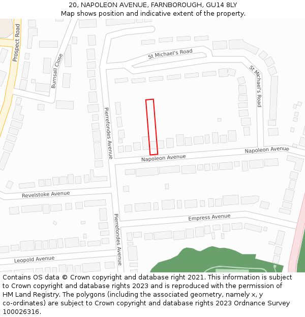 20, NAPOLEON AVENUE, FARNBOROUGH, GU14 8LY: Location map and indicative extent of plot