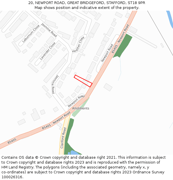 20, NEWPORT ROAD, GREAT BRIDGEFORD, STAFFORD, ST18 9PR: Location map and indicative extent of plot