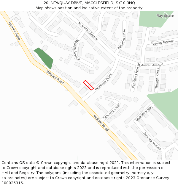 20, NEWQUAY DRIVE, MACCLESFIELD, SK10 3NQ: Location map and indicative extent of plot