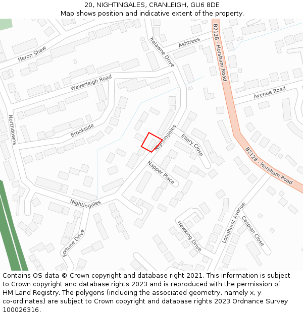 20, NIGHTINGALES, CRANLEIGH, GU6 8DE: Location map and indicative extent of plot