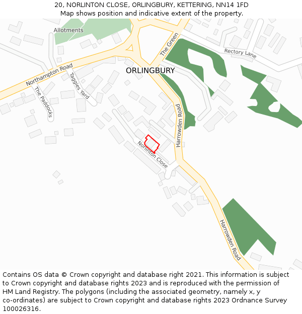20, NORLINTON CLOSE, ORLINGBURY, KETTERING, NN14 1FD: Location map and indicative extent of plot