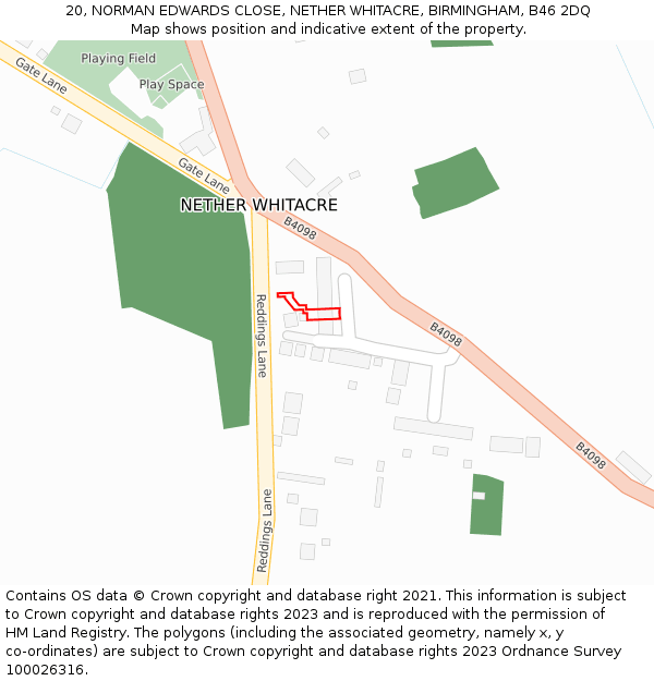 20, NORMAN EDWARDS CLOSE, NETHER WHITACRE, BIRMINGHAM, B46 2DQ: Location map and indicative extent of plot