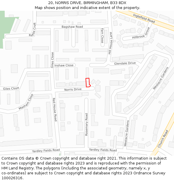 20, NORRIS DRIVE, BIRMINGHAM, B33 8DX: Location map and indicative extent of plot