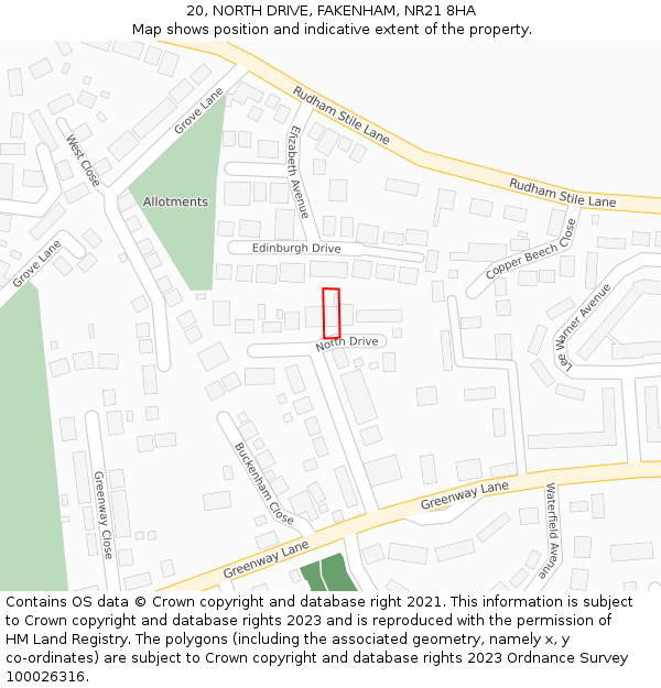 20, NORTH DRIVE, FAKENHAM, NR21 8HA: Location map and indicative extent of plot