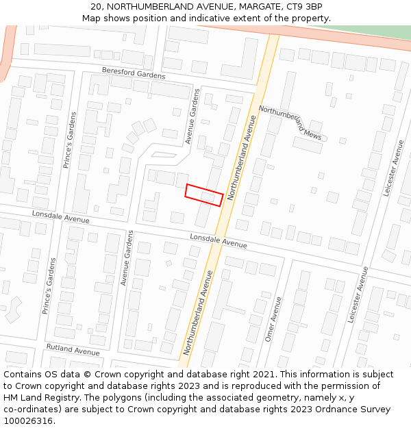 20, NORTHUMBERLAND AVENUE, MARGATE, CT9 3BP: Location map and indicative extent of plot