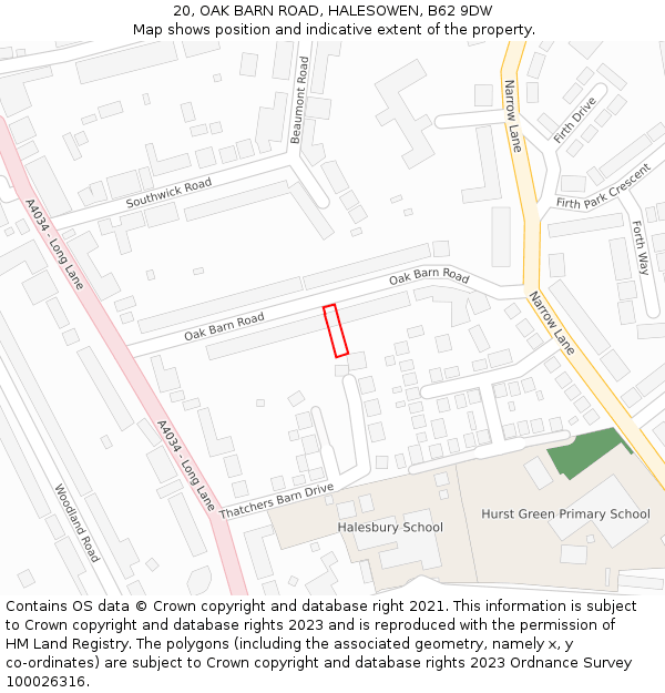 20, OAK BARN ROAD, HALESOWEN, B62 9DW: Location map and indicative extent of plot