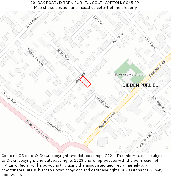 20, OAK ROAD, DIBDEN PURLIEU, SOUTHAMPTON, SO45 4PL: Location map and indicative extent of plot