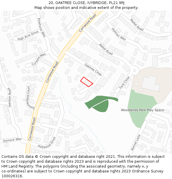 20, OAKTREE CLOSE, IVYBRIDGE, PL21 9RJ: Location map and indicative extent of plot