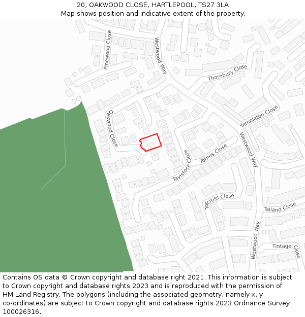 20, OAKWOOD CLOSE, HARTLEPOOL, TS27 3LA: Location map and indicative extent of plot