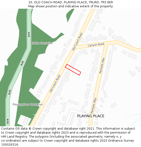 20, OLD COACH ROAD, PLAYING PLACE, TRURO, TR3 6ER: Location map and indicative extent of plot