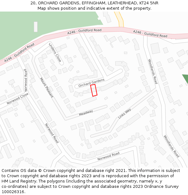 20, ORCHARD GARDENS, EFFINGHAM, LEATHERHEAD, KT24 5NR: Location map and indicative extent of plot