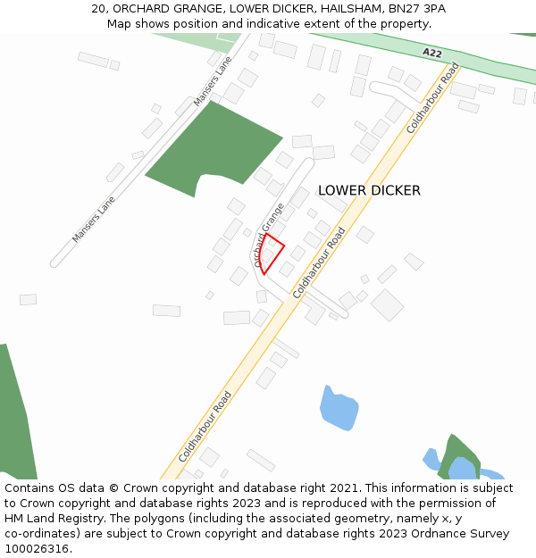 20, ORCHARD GRANGE, LOWER DICKER, HAILSHAM, BN27 3PA: Location map and indicative extent of plot