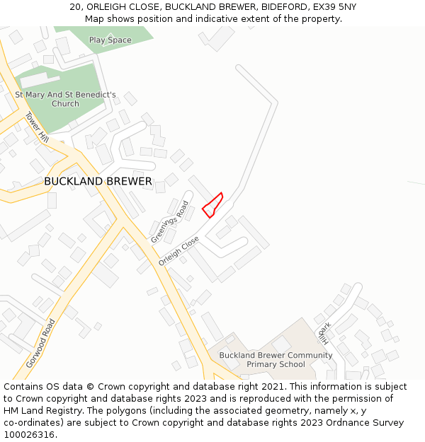 20, ORLEIGH CLOSE, BUCKLAND BREWER, BIDEFORD, EX39 5NY: Location map and indicative extent of plot