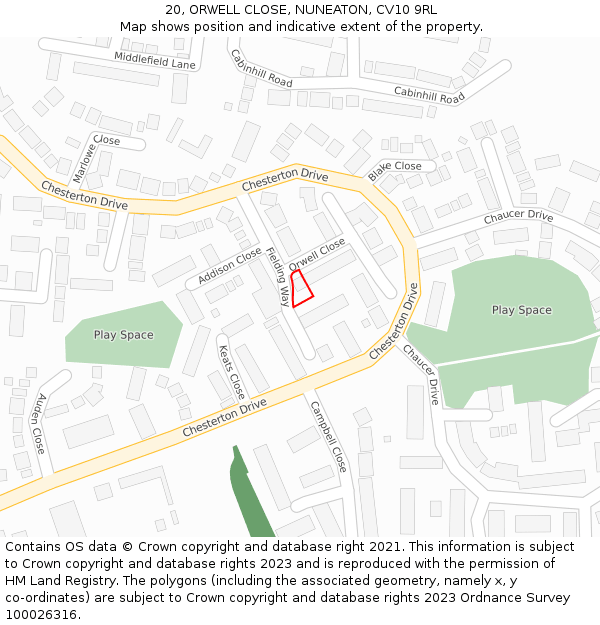 20, ORWELL CLOSE, NUNEATON, CV10 9RL: Location map and indicative extent of plot