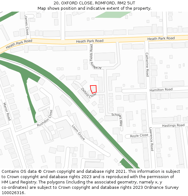 20, OXFORD CLOSE, ROMFORD, RM2 5UT: Location map and indicative extent of plot